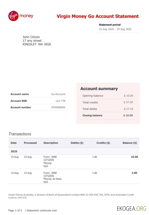 Relevé bancaire du compte Virgin Money Go au Royaume Uni